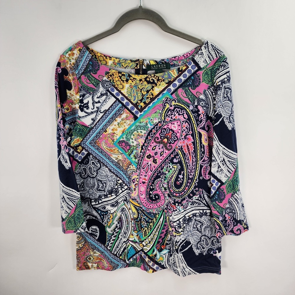 LRL Ralph‎ Lauren Multicolor Paisley Top Women's L Floral Patchwork Back Zipper